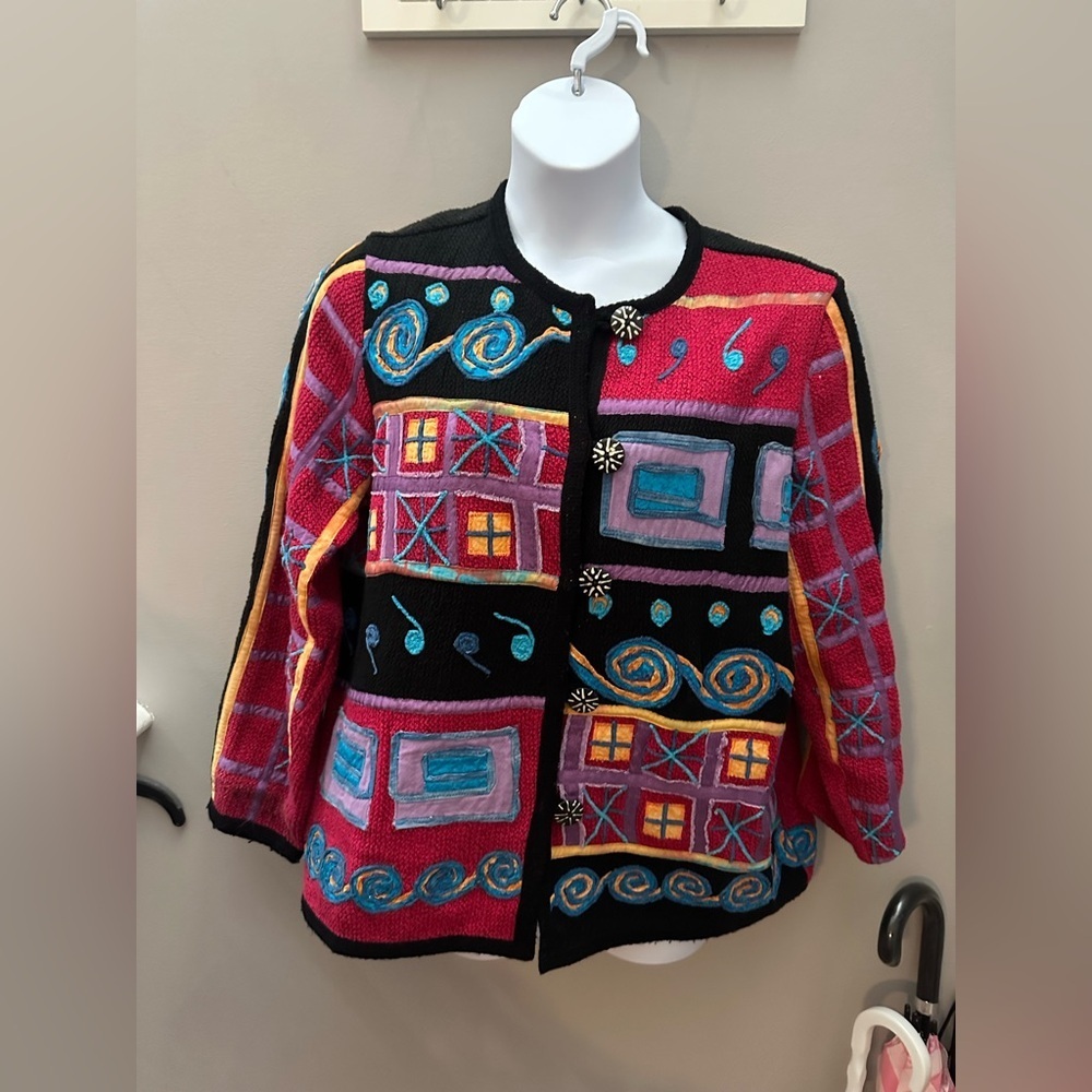 Indigo Moon Embroidered Square & Swirl Motif Cardigan Womens Large Boho Indie